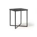 Modern square side table with black metal frame and dark stone-effect top, shown against a white background.