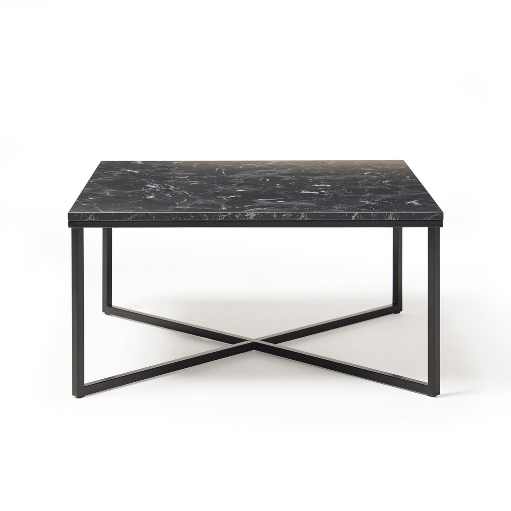 Modern square coffee table with black metal frame and dark stone-effect top, shown against a white background.