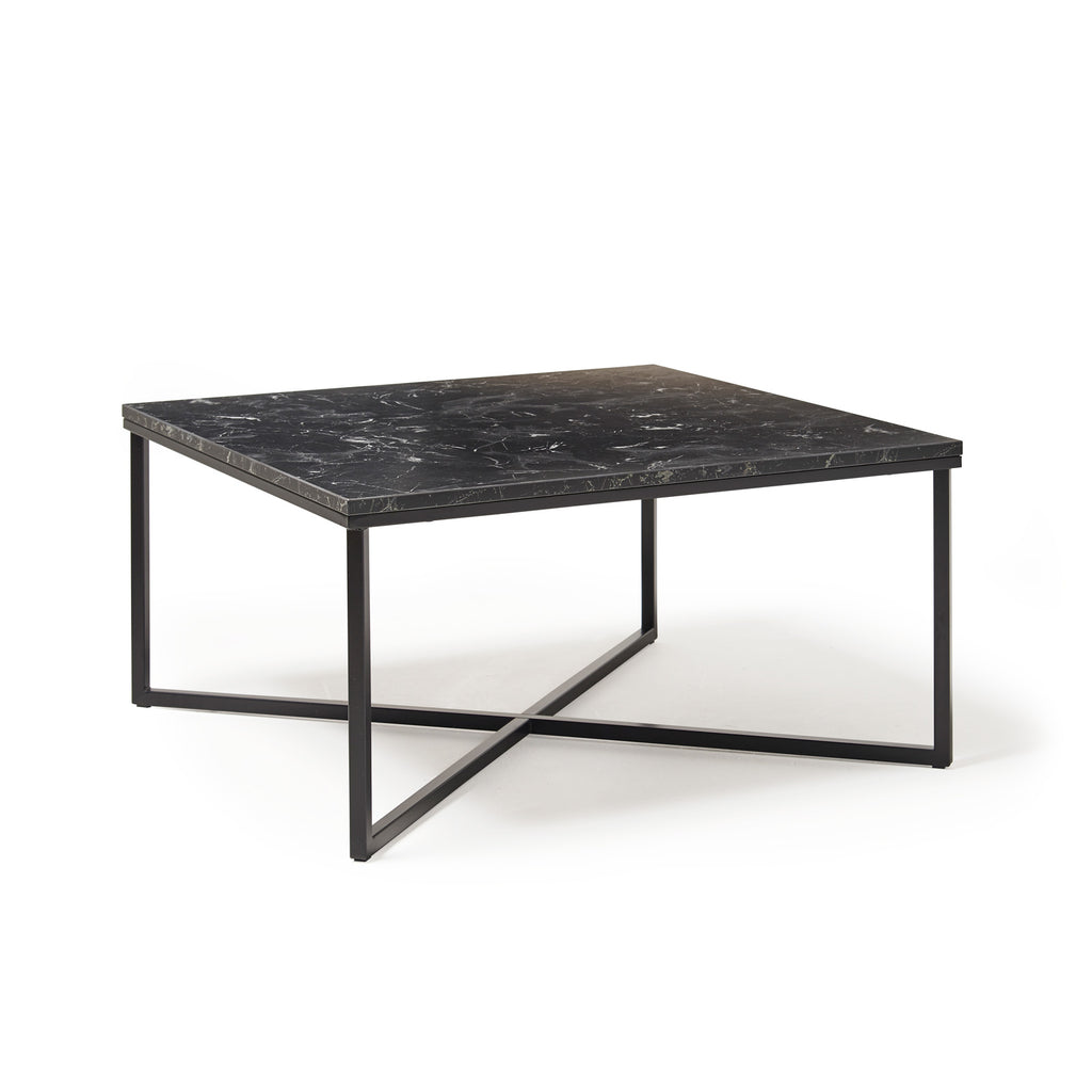 Modern square coffee table with black metal frame and dark stone-effect top, shown against a white background.