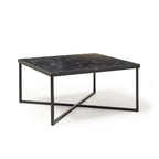 Modern square coffee table with black metal frame and dark stone-effect top, shown against a white background.