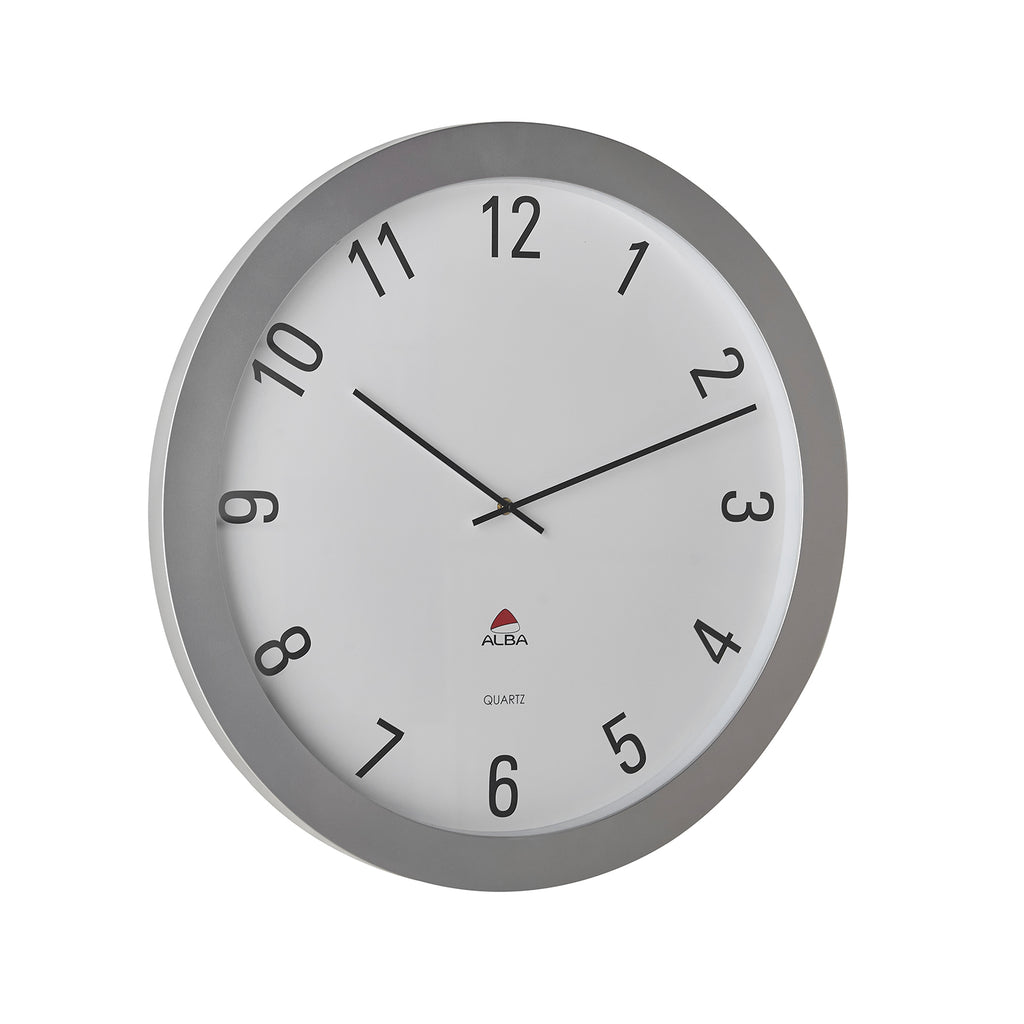 Round wall clock with silver frame, white face, black numerals, and quartz movement, shown against a white background.