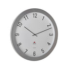 Round wall clock with silver frame, white face, black numerals, and quartz movement, shown against a white background.