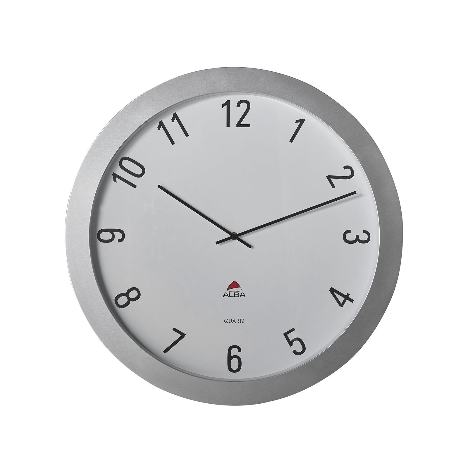 Silver wall clock with white face on a white background