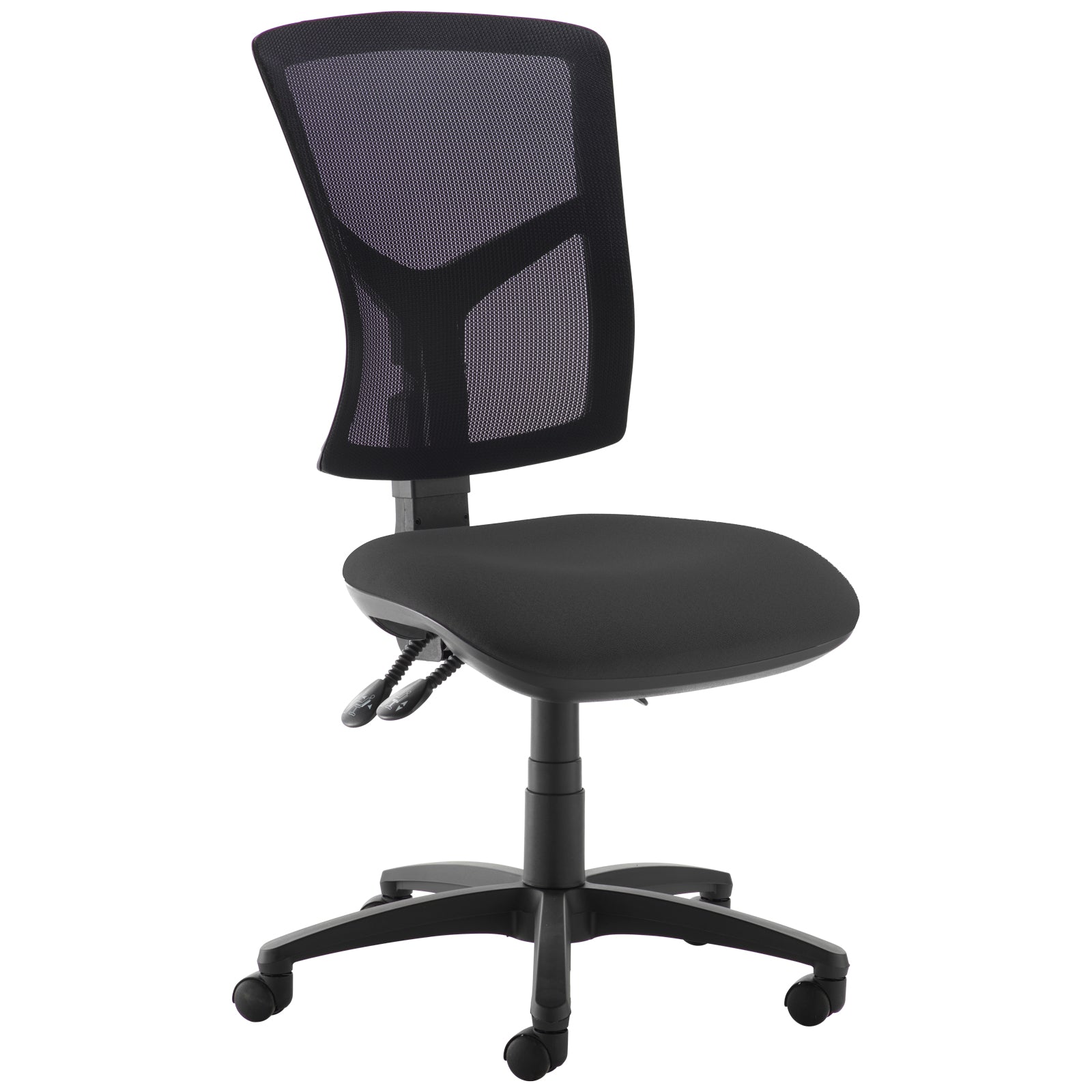 Ergonomic office task chair with black mesh backrest, black cushioned seat, height-adjustable base, and castor wheels.