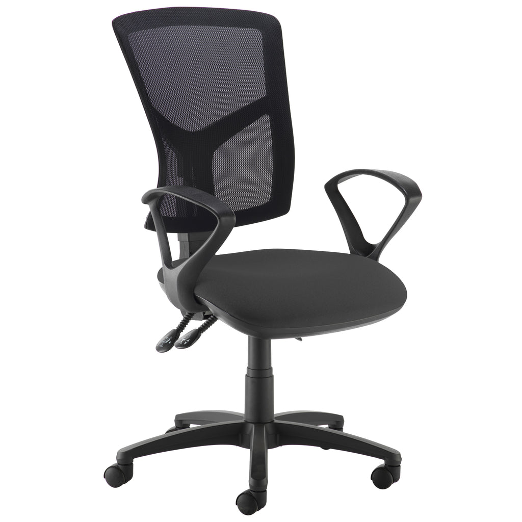 Ergonomic office chair with black mesh backrest, black fabric seat, fixed armrests, and five-star base on castor wheels.