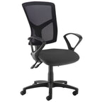 Ergonomic office chair with black mesh backrest, black fabric seat, fixed armrests, and five-star base on castor wheels.
