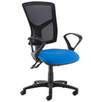 Ergonomic office chair with black mesh backrest, blue fabric seat, fixed armrests, and five-star base on castor wheels.