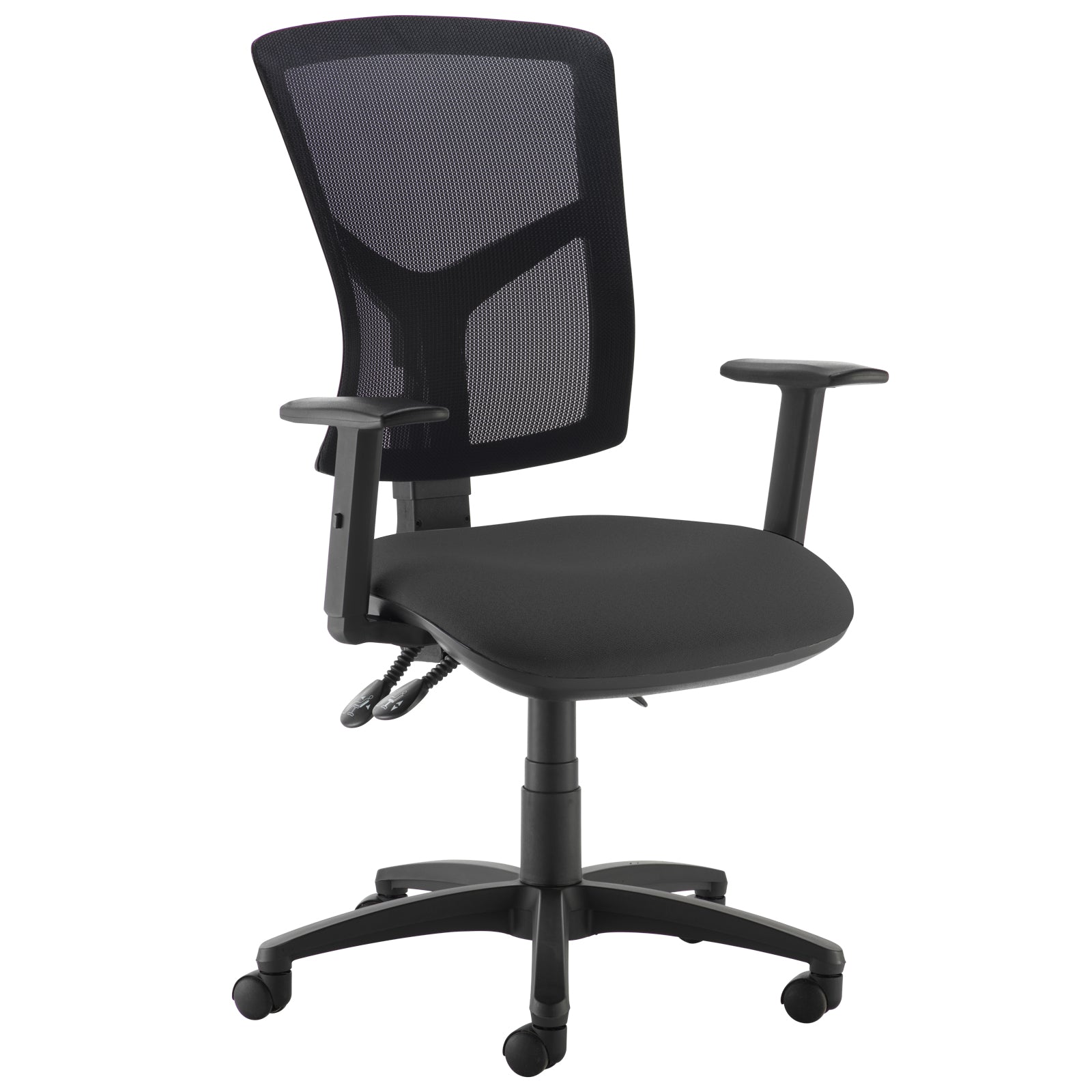 Ergonomic office chair with black mesh backrest, black cushioned seat, adjustable armrests, and five-star base on castor wheels.