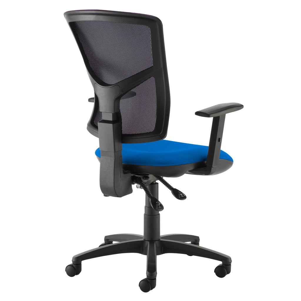 Rear view of an ergonomic office chair with black mesh back, blue seat cushion, adjustable armrests, and five-star base on castor wheels.