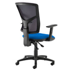 Rear view of an ergonomic office chair with black mesh back, blue seat cushion, adjustable armrests, and five-star base on castor wheels.