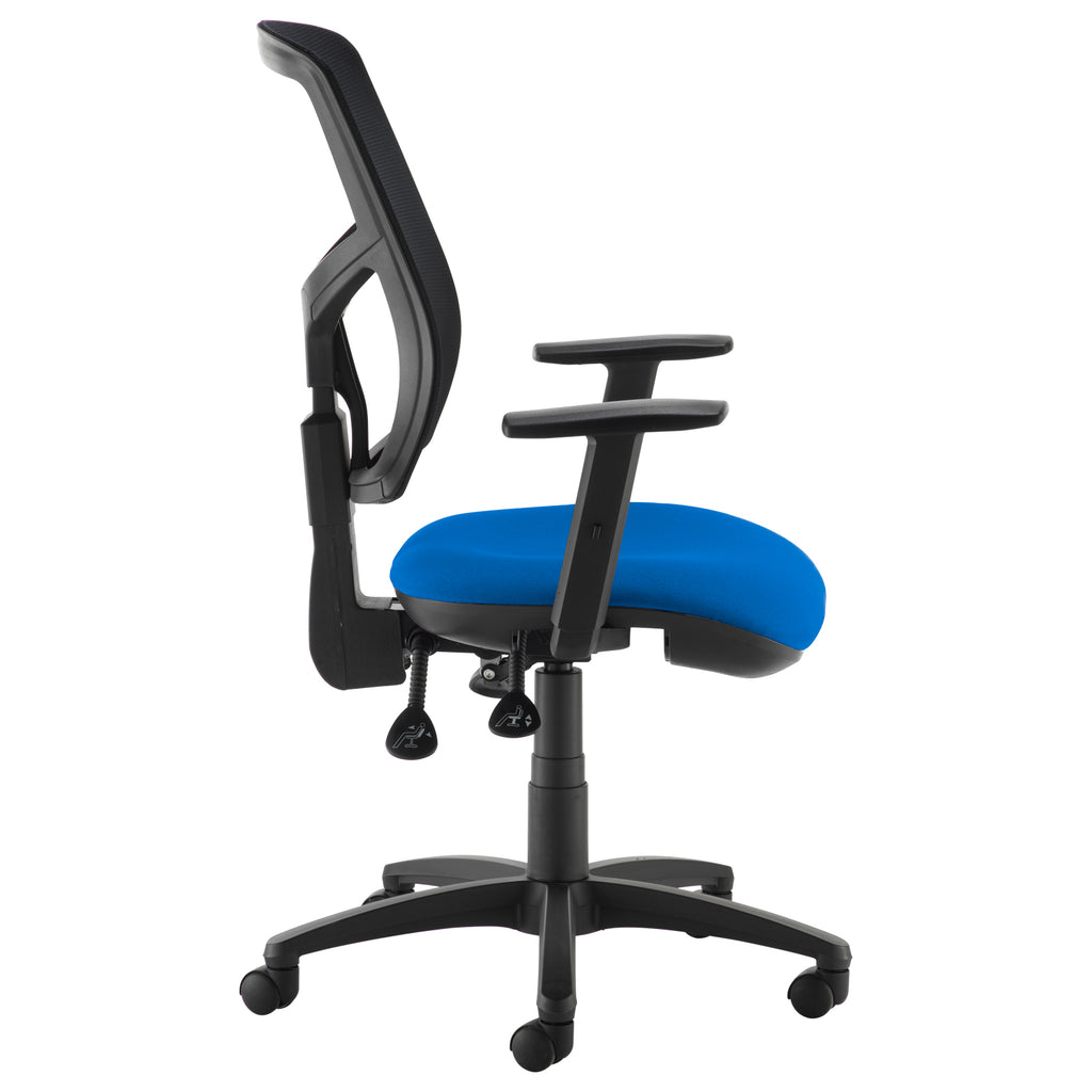 Side view of an ergonomic office chair with black mesh backrest, blue cushioned seat, adjustable armrests, and five-star base on castor wheels.