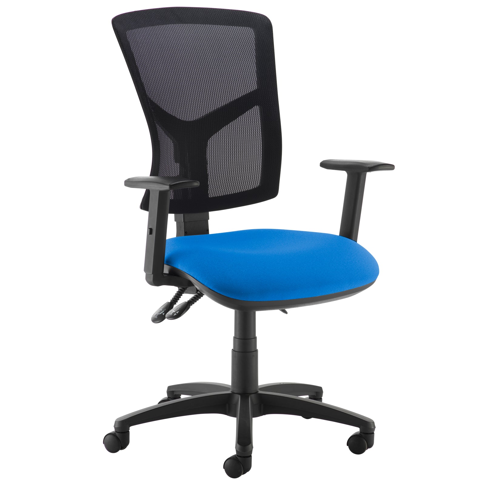 Ergonomic office chair with black mesh backrest, blue cushioned seat, adjustable armrests, and five-star base on castor wheels.