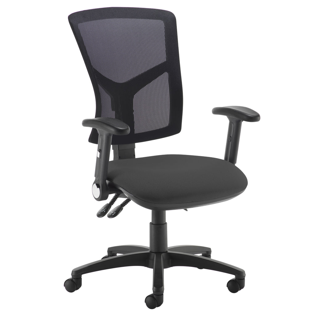 Ergonomic office chair with black mesh backrest, black cushioned seat, adjustable armrests, and five-star base on castor wheels.