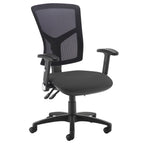 Ergonomic office chair with black mesh backrest, black cushioned seat, adjustable armrests, and five-star base on castor wheels.