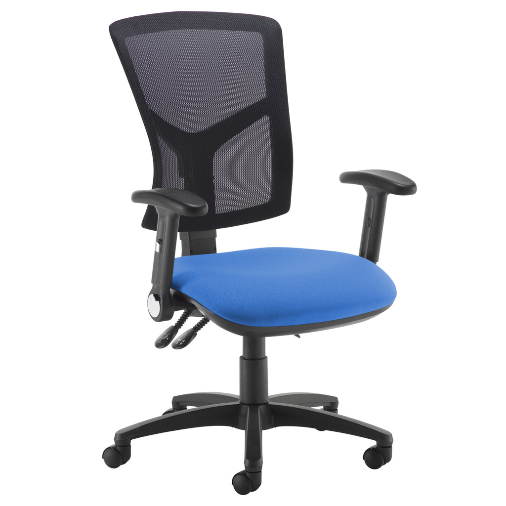Ergonomic office chair with black mesh backrest, blue cushioned seat, adjustable armrests, and five-star base on castor wheels.
