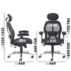 Ergonomic office chair with dimensions on a white background
