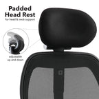 Black padded headrest with adjustable feature on a white background