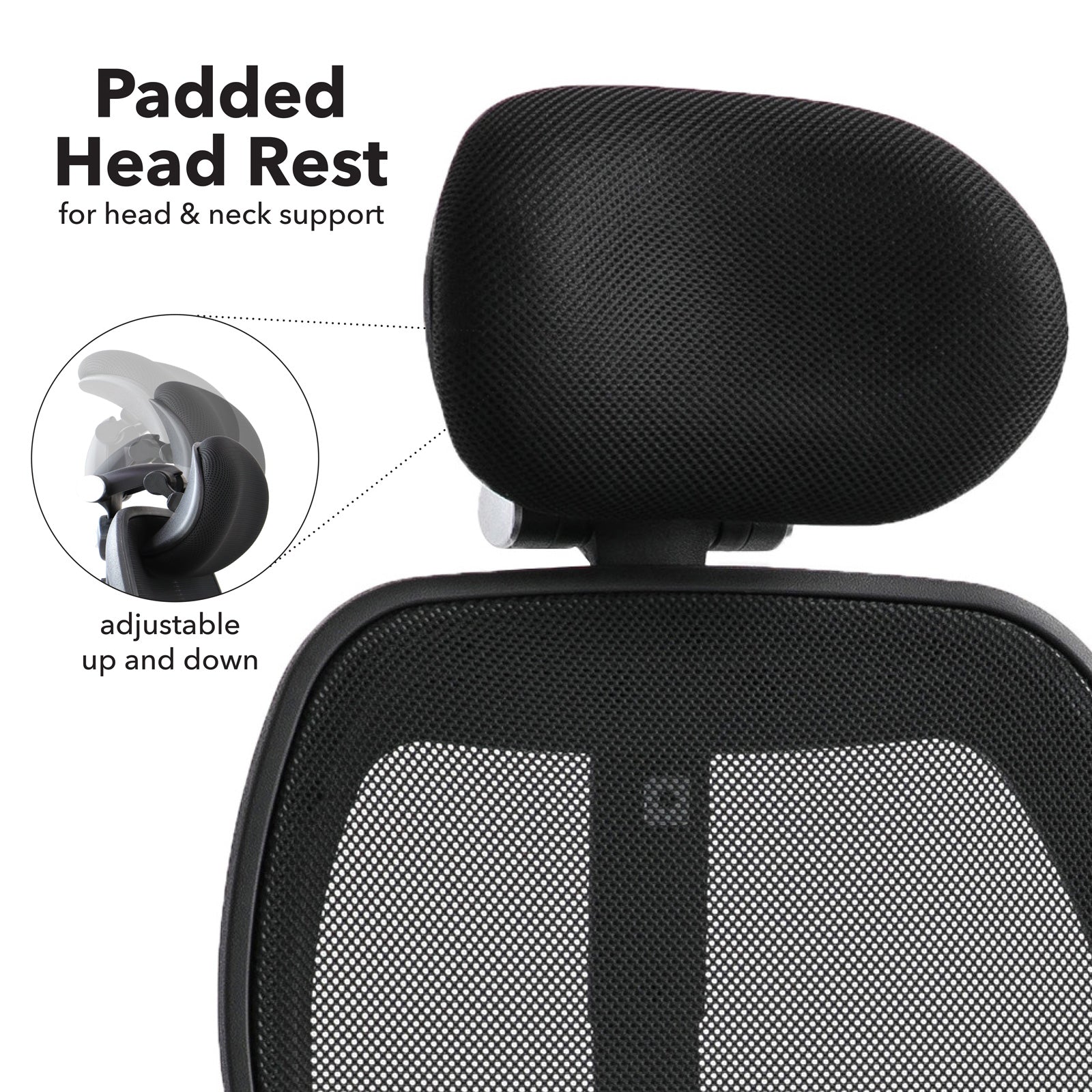 Black padded headrest with adjustable feature on a white background