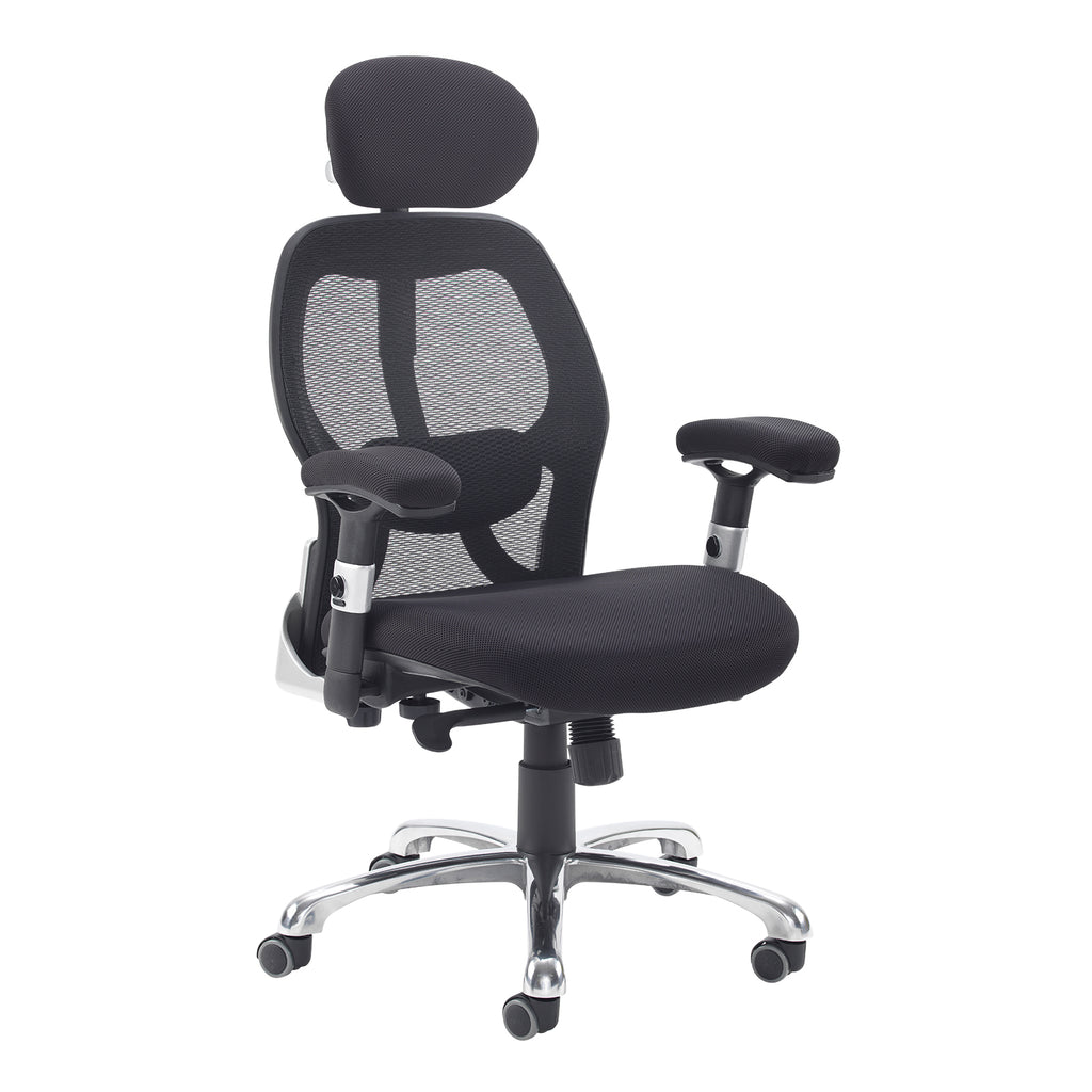 Black office chair with mesh back and headrest on a white background