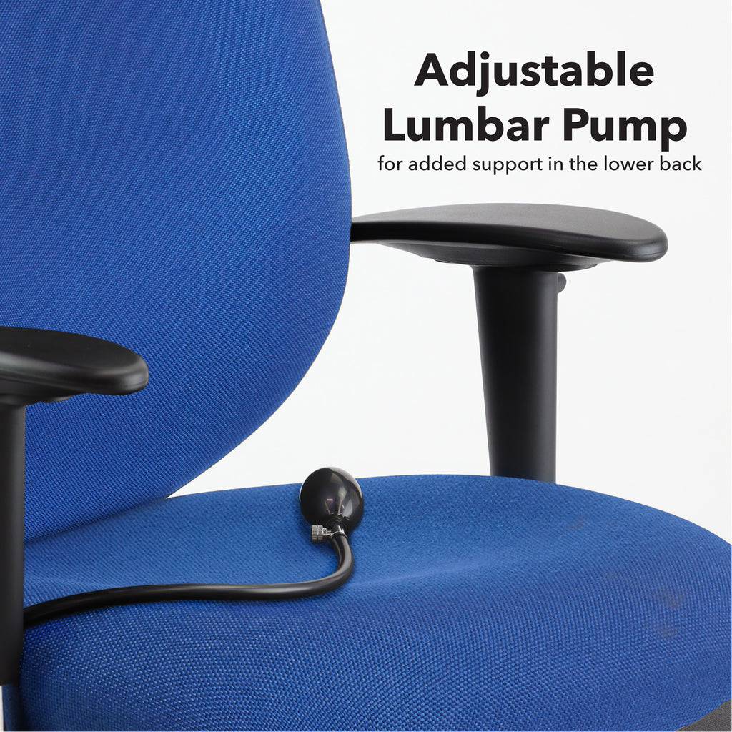 Blue office chair with an adjustable lumbar pump on a white background