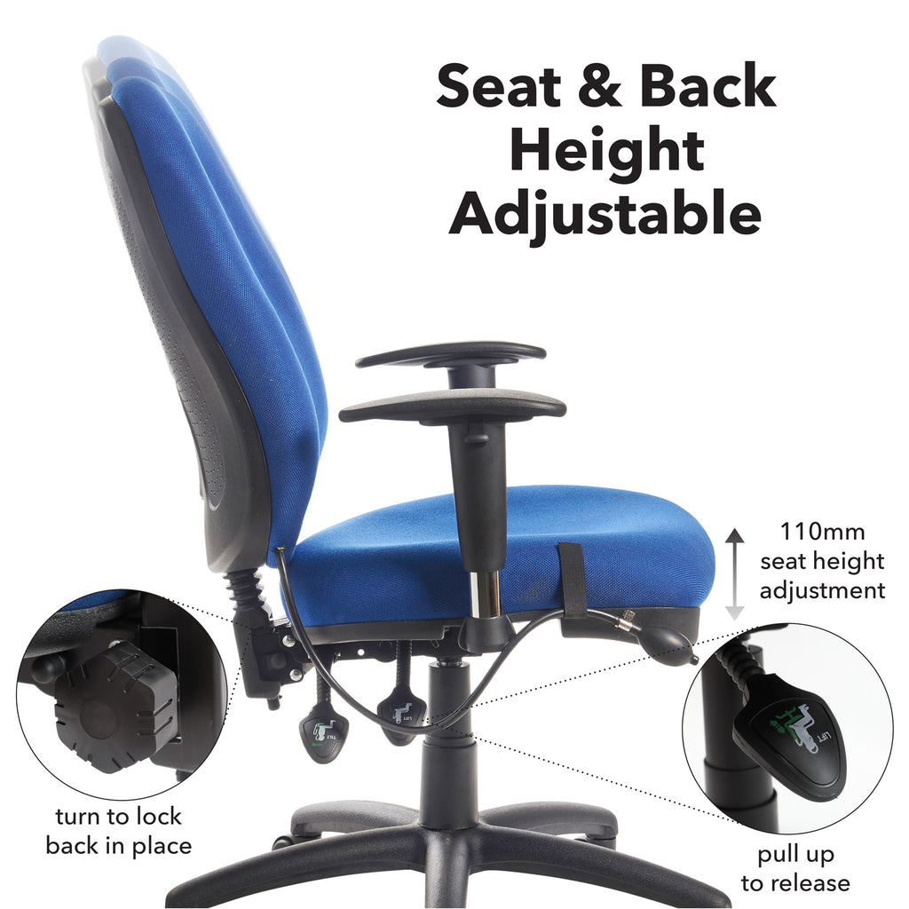 Blue office chair with adjustable seat and back height features on a white background