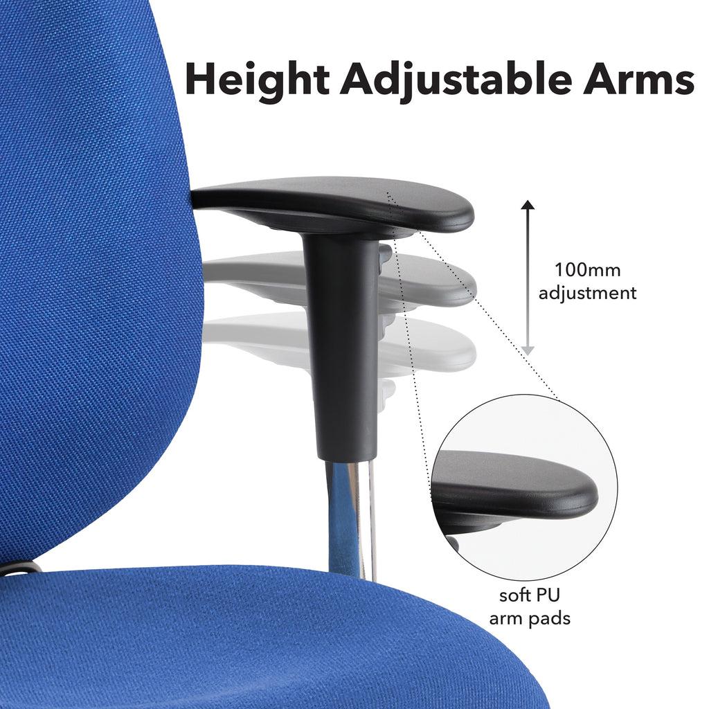 Blue office chair with height adjustable arms, showing 100mm adjustment and soft PU arm pads.