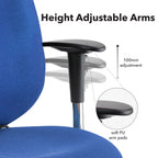 Blue office chair with height adjustable arms, showing 100mm adjustment and soft PU arm pads.