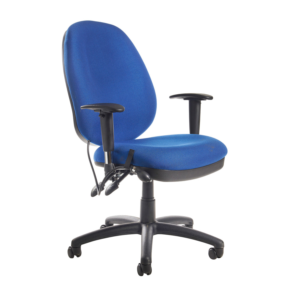 Blue office chair with black arms and base on a white background