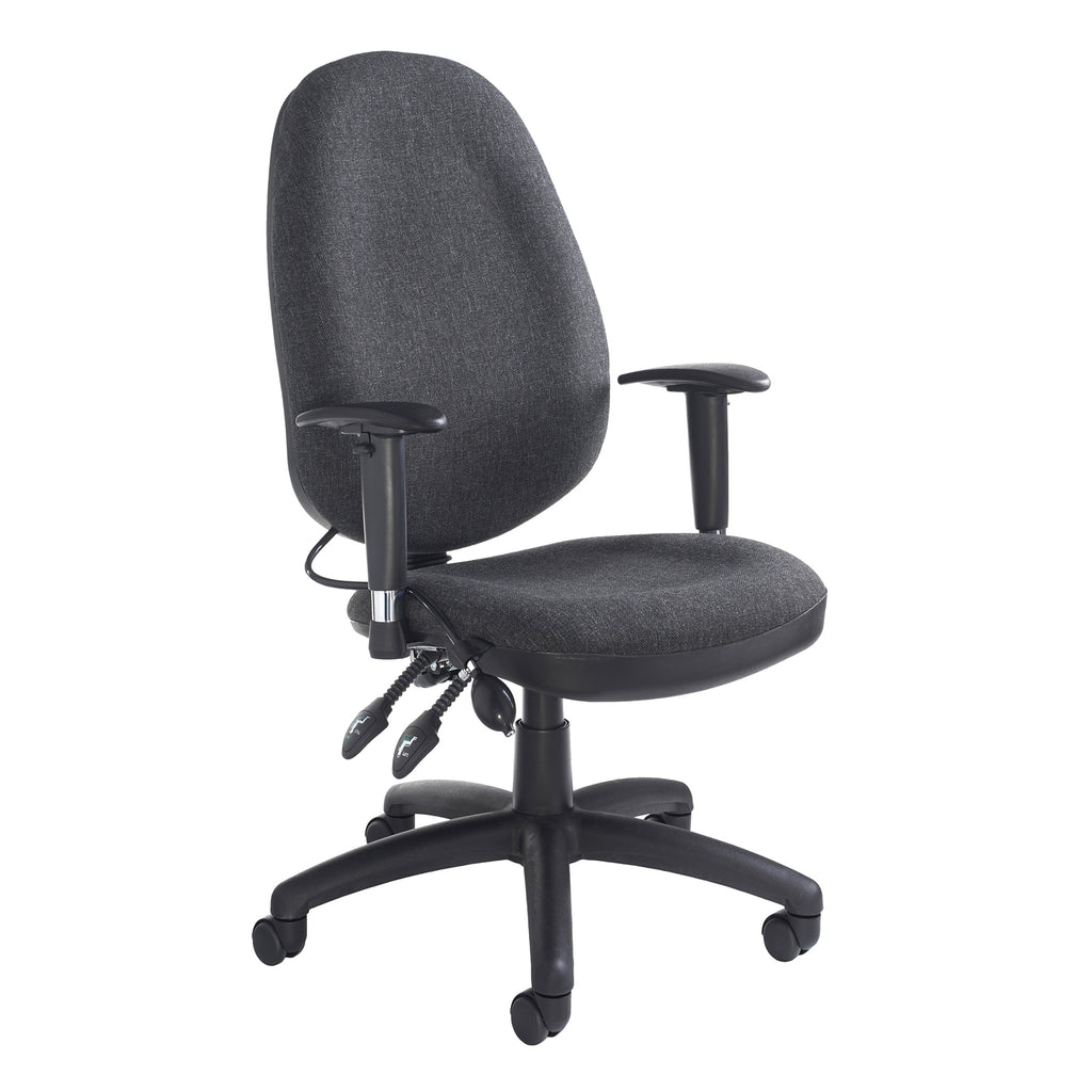 Grey office chair with armrests on a white background