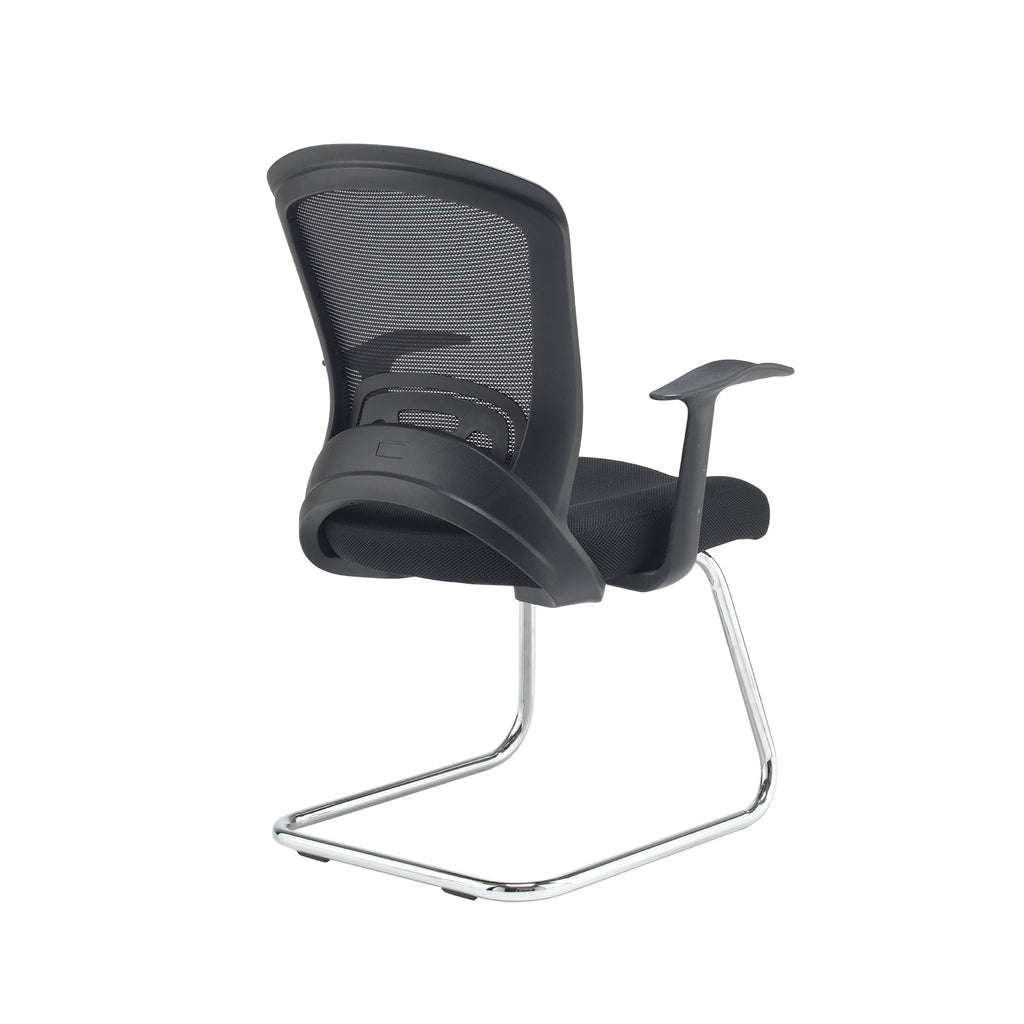 Rear angled view of a black mesh office visitor chair with padded seat, armrests, and chrome sled base, shown against a white background.