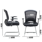 Office visitor chair shown from side and front views with labelled dimensions, featuring mesh backrest, padded seat, and chrome sled base.