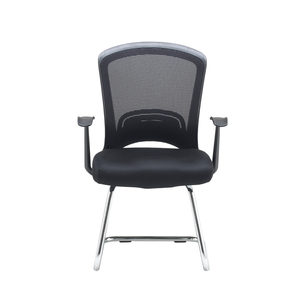 Front view of a black mesh office visitor chair with padded seat, armrests, and chrome sled base, shown against a white background.