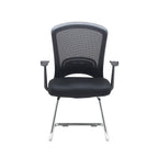 Front view of a black mesh office visitor chair with padded seat, armrests, and chrome sled base, shown against a white background.