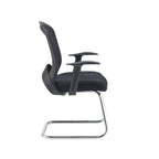 Side view of a black mesh office visitor chair with padded seat, armrests, and chrome sled base, shown against a white background.
