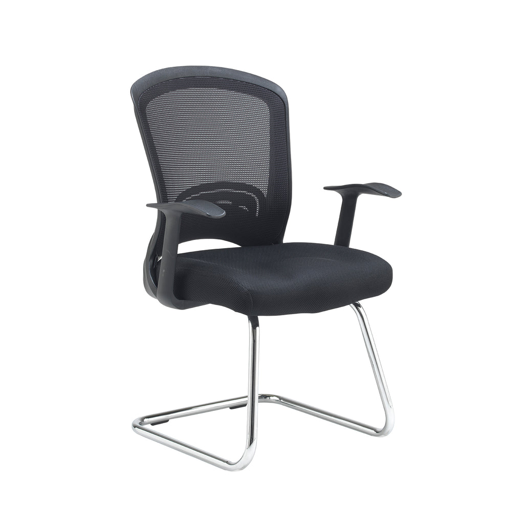 Black mesh office visitor chair with padded seat, armrests, and chrome sled base, shown at an angled view against a white background.