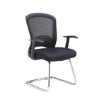 Black mesh office visitor chair with padded seat, armrests, and chrome sled base, shown at an angled view against a white background.
