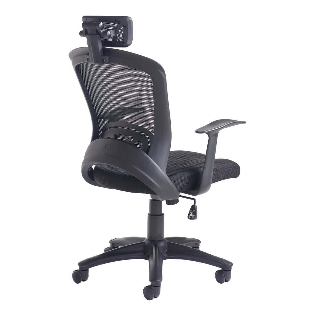 Rear view of a black mesh ergonomic office chair with adjustable headrest, padded seat, armrests, and five-star base on castor wheels.