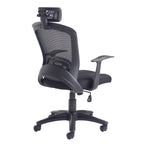 Rear view of a black mesh ergonomic office chair with adjustable headrest, padded seat, armrests, and five-star base on castor wheels.