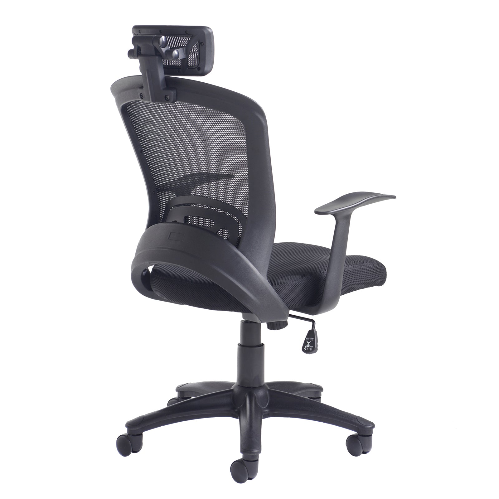 Rear view of a black mesh ergonomic office chair with adjustable headrest, padded seat, armrests, and five-star base on castor wheels.