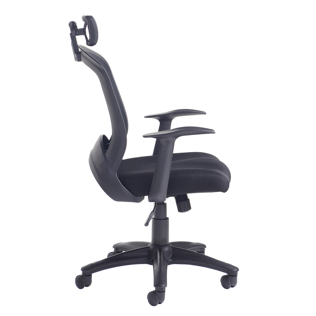 Side view of a black mesh ergonomic office chair with headrest, padded seat, adjustable armrests, and five-star base on castor wheels.