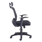 Side view of a black mesh ergonomic office chair with headrest, padded seat, adjustable armrests, and five-star base on castor wheels.