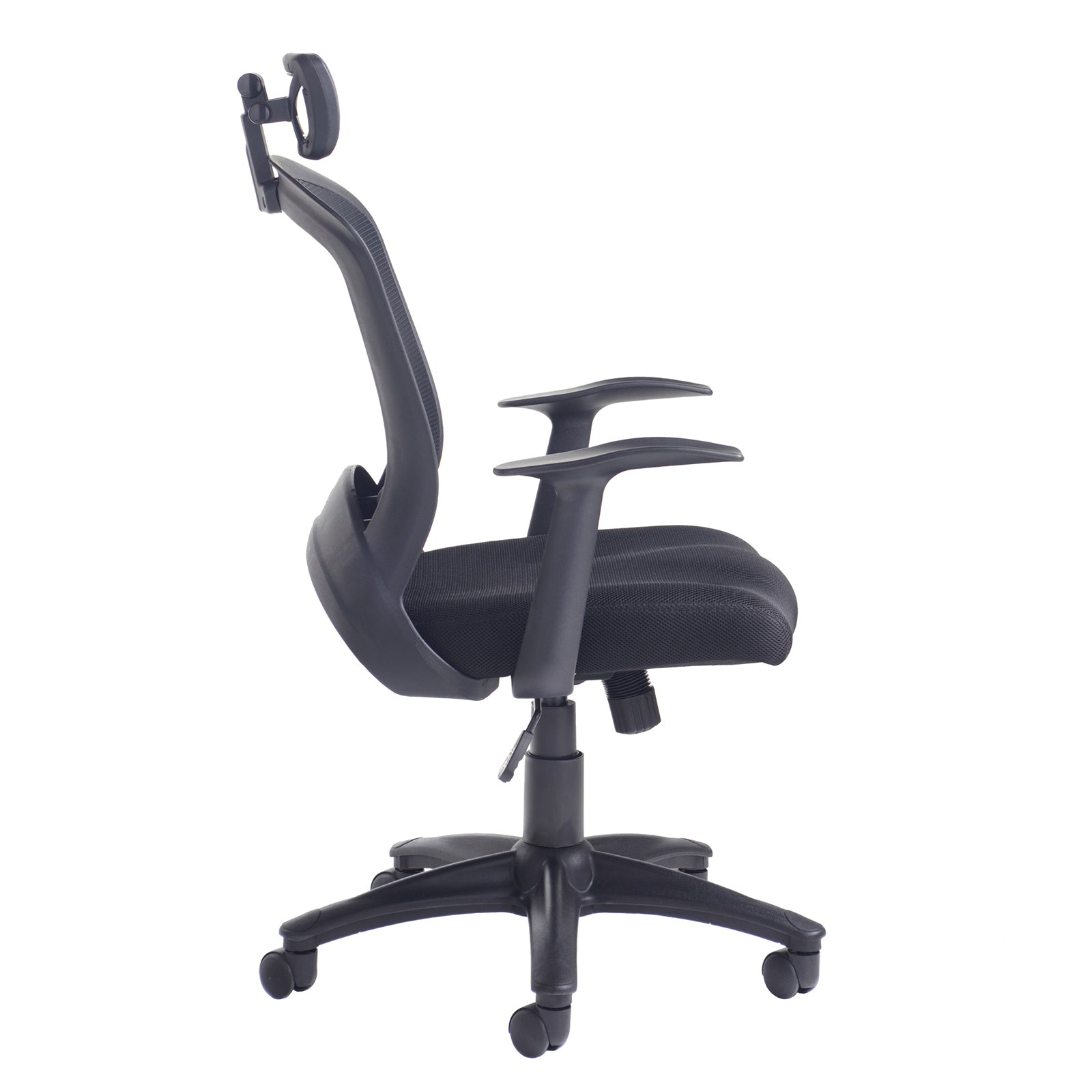 Side view of a black mesh ergonomic office chair with headrest, padded seat, adjustable armrests, and five-star base on castor wheels.