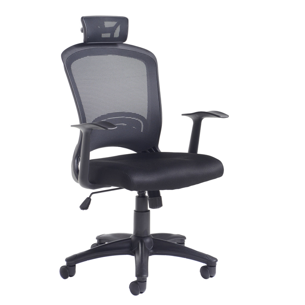 Black mesh ergonomic office chair with headrest, padded seat, adjustable armrests, and five-star base on castor wheels.