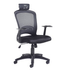Black mesh ergonomic office chair with headrest, padded seat, adjustable armrests, and five-star base on castor wheels.