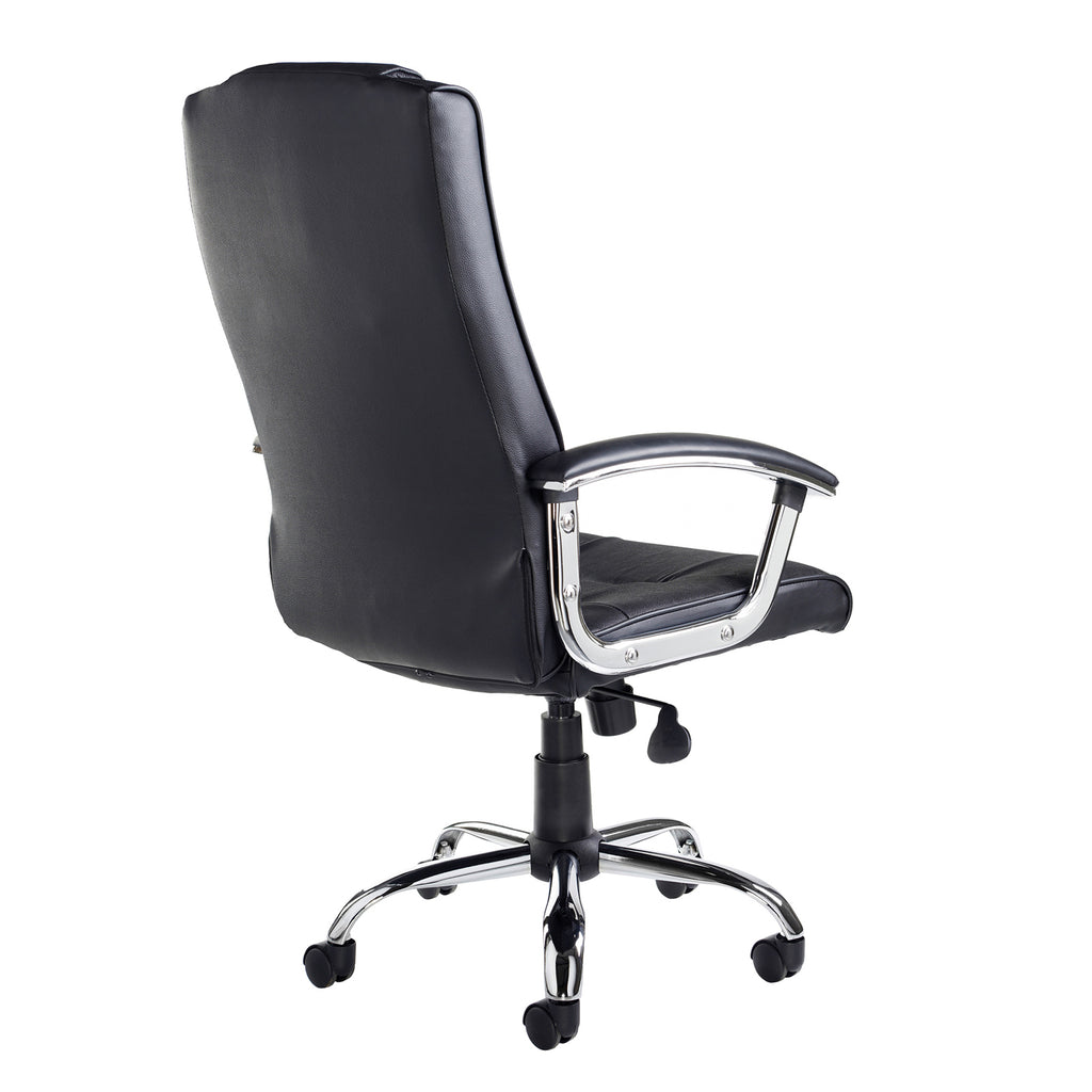 Rear view of a black leather executive office chair with padded back and seat, curved armrests, and chrome five-star base on castor wheels.