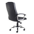 Rear view of a black leather executive office chair with padded back and seat, curved armrests, and chrome five-star base on castor wheels.