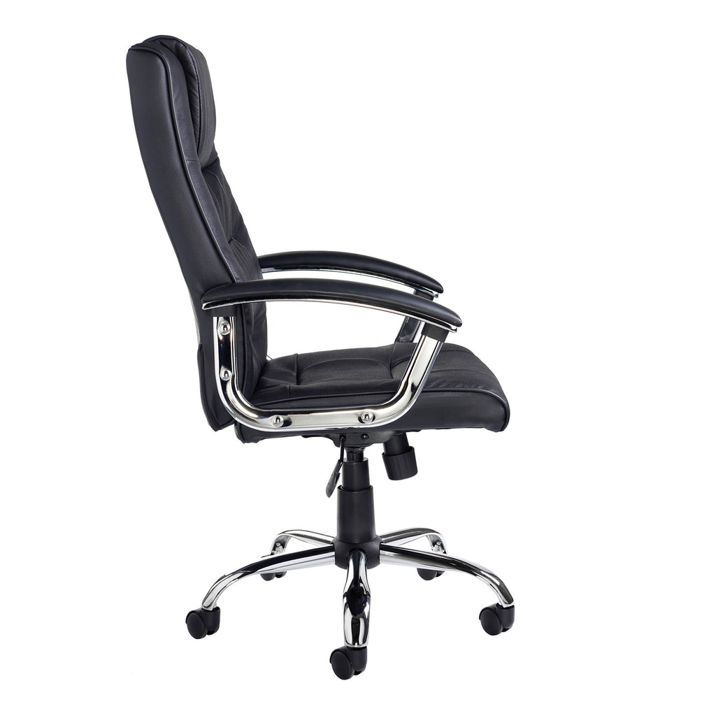 Side view of a black leather executive office chair with padded back and seat, curved armrests, and chrome five-star base on castor wheels.