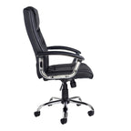 Side view of a black leather executive office chair with padded back and seat, curved armrests, and chrome five-star base on castor wheels.