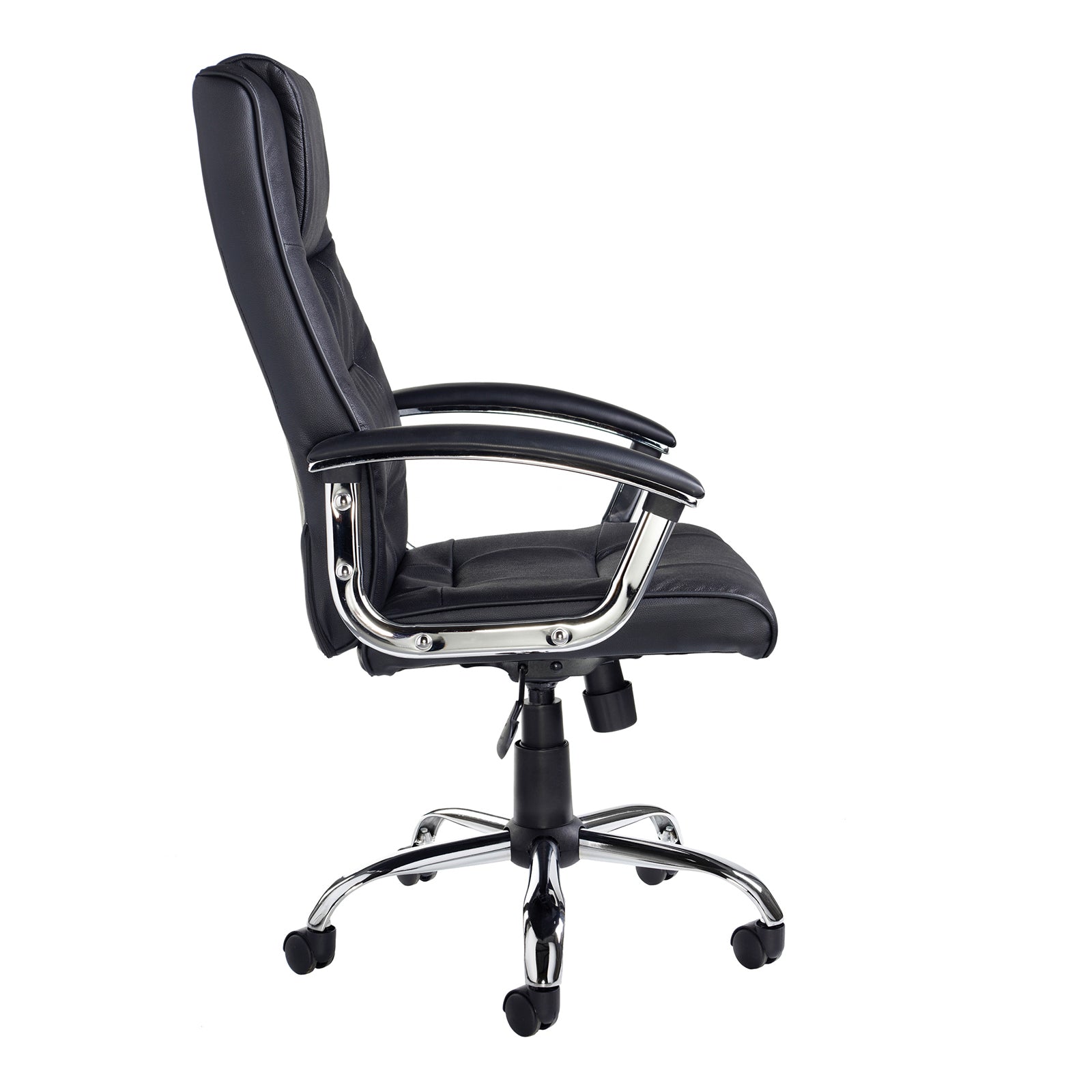 Side view of a black leather executive office chair with padded back and seat, curved armrests, and chrome five-star base on castor wheels.