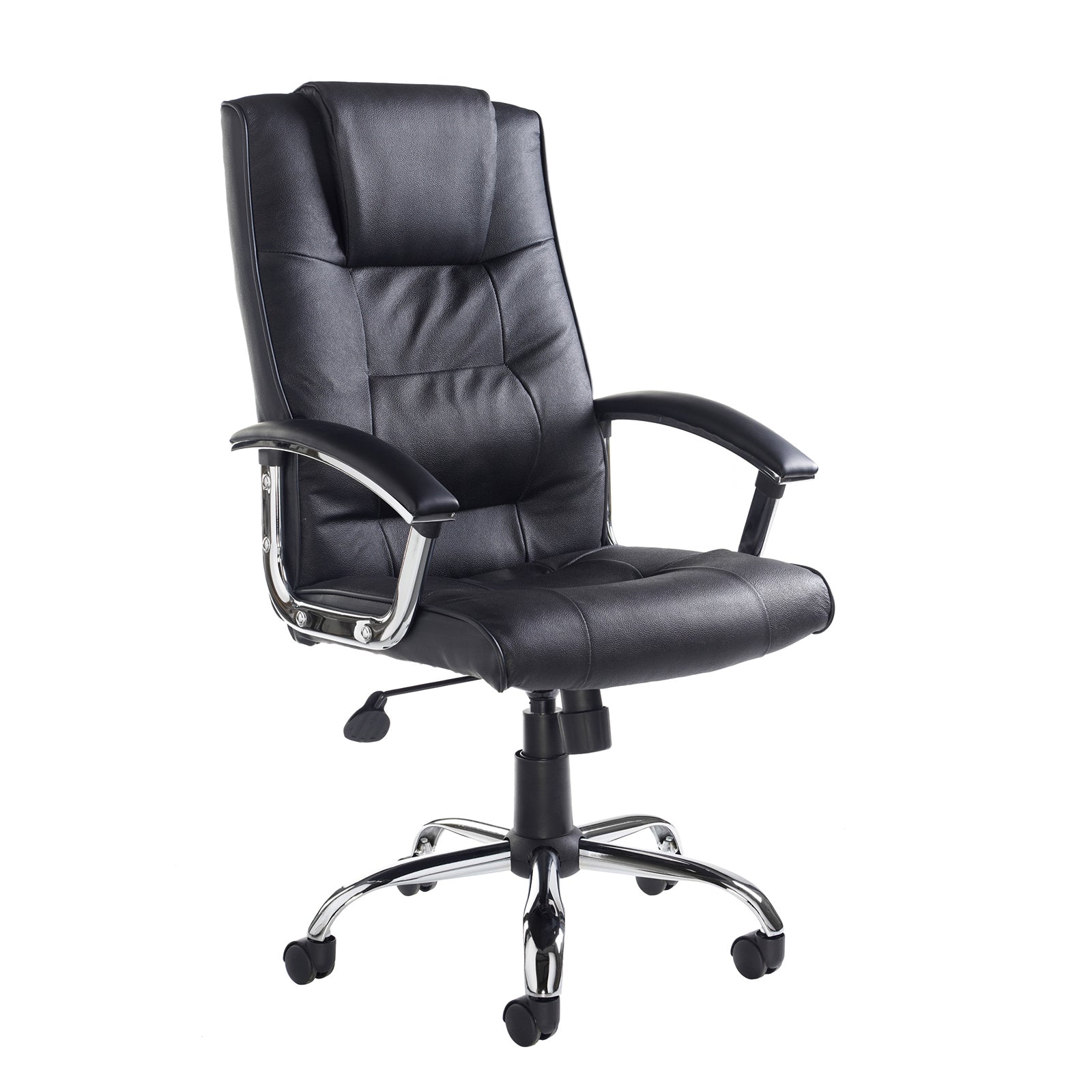Black leather executive office chair with padded back and seat, curved armrests, and chrome five-star base on castor wheels.